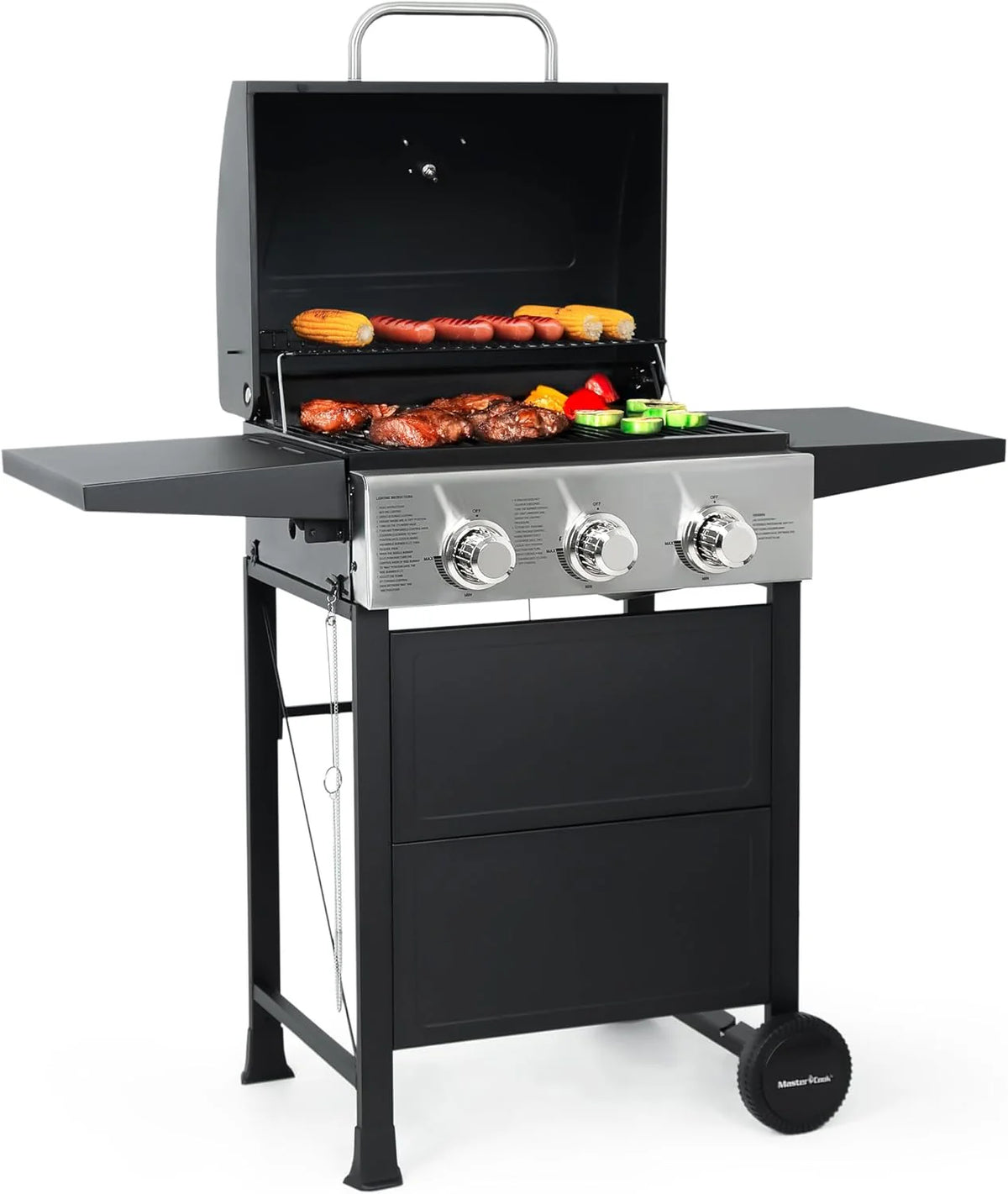 Burner BBQ Propane Gas Grill. Stainless Steel 30.000 BTU Patio Garden Barbecue Grill with Two Foldable Shelves