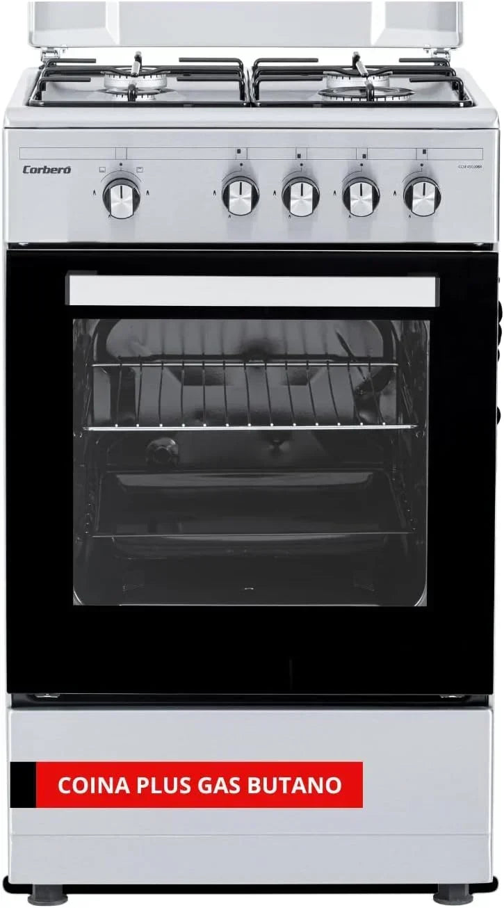Corberó – Kitchen Plus | 50 cm | CCSF45020BW | 4 Burner Butane Gas | Oven 43L | Metal Lid | Double Glass Door | Tray and Grill Chrome | Automatic