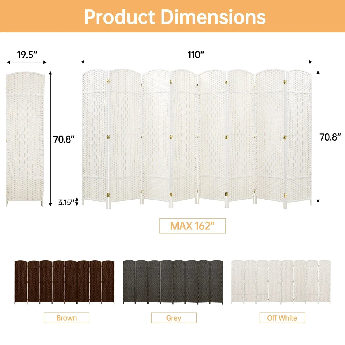 6 FT Tall Woven Fiber Room Divider. Freestanding Folding Privacy Screen