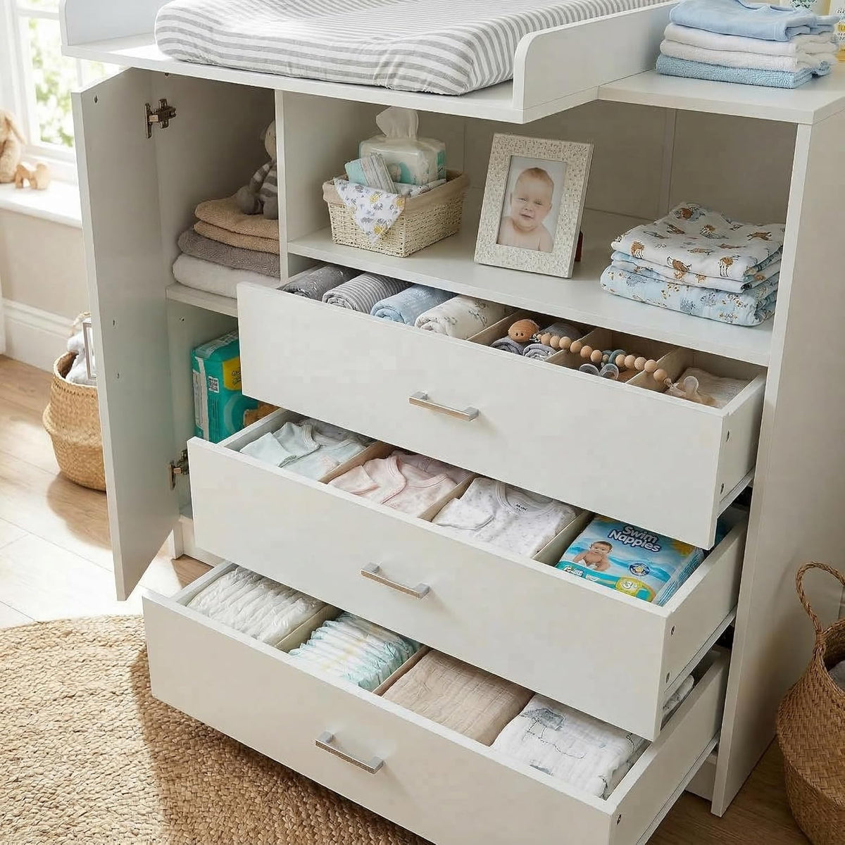 ecomi Cómoda Cambiador para bebé en Madera con Plan de Cambiar. 3 cajones. 1 puerta. Altura 100 cm. Color Blanco. Dimensiones 113x100 cm. tiradores