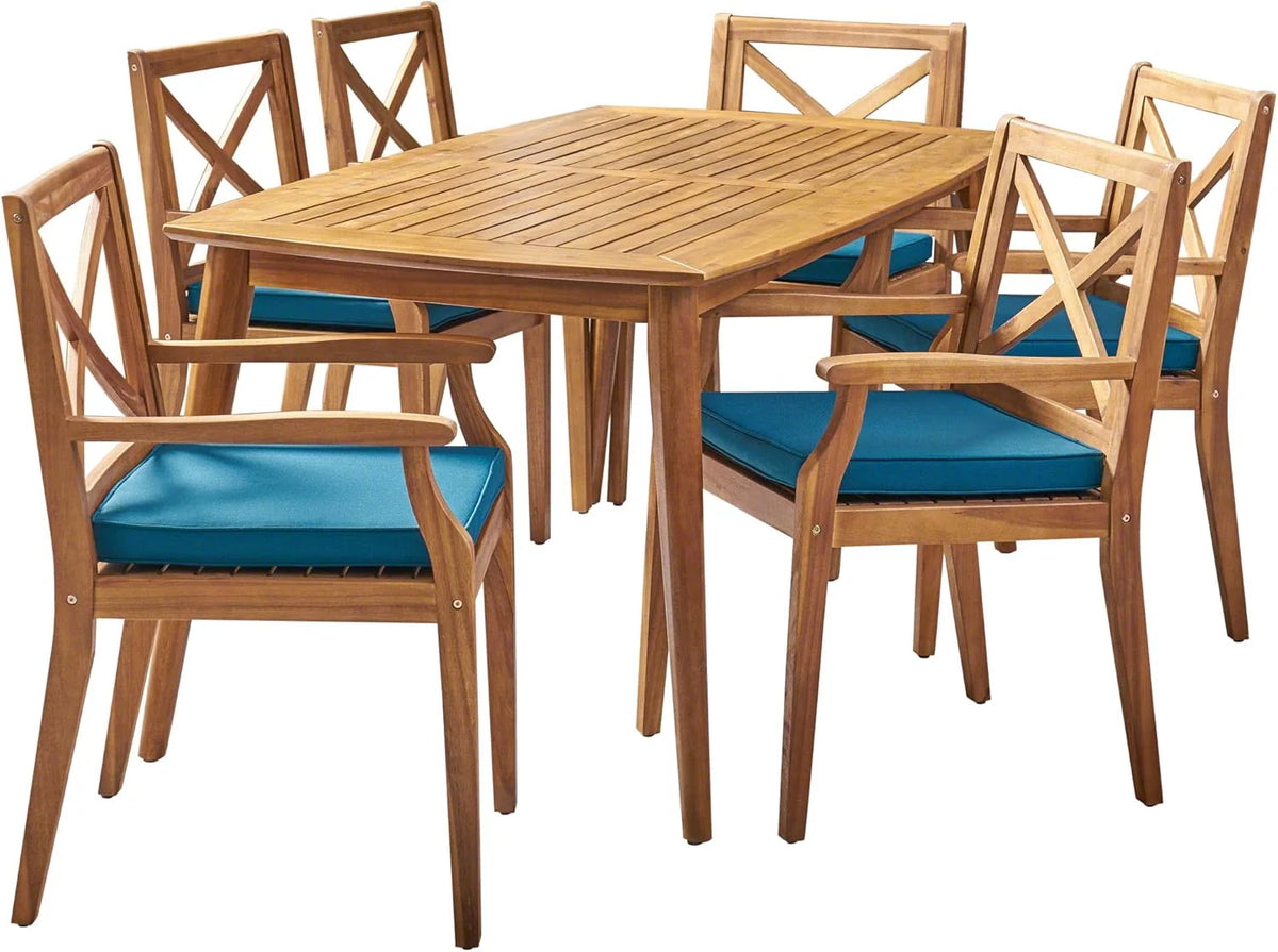 7-piece cherry wood dining set. teak surface / blue
