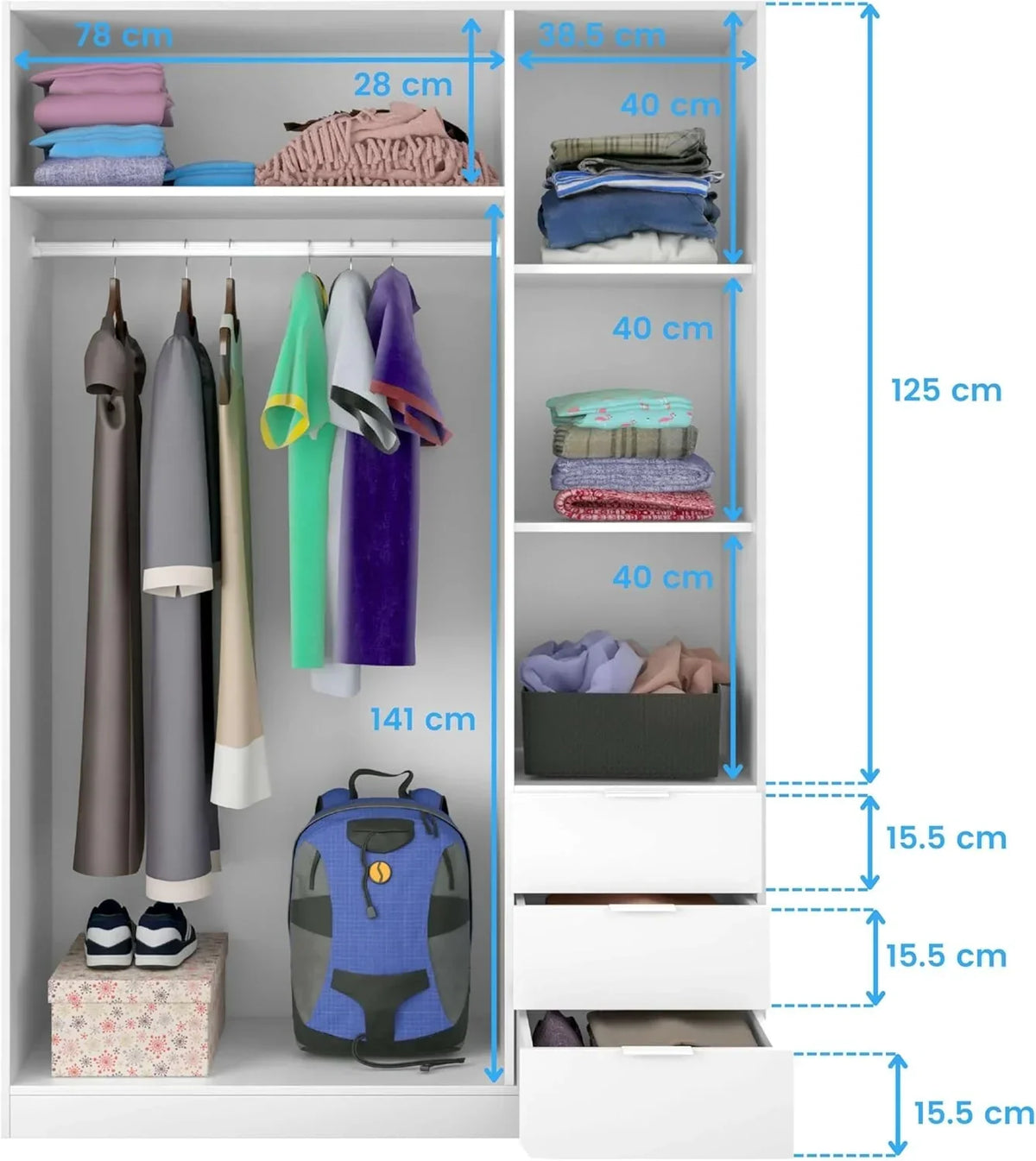 Habitdesign Three Door and Three Drawer Wardrobe Closet. Artic White Finish. Measurements: 121 cm (W) x 180 cm (H) x 52 cm (D)
