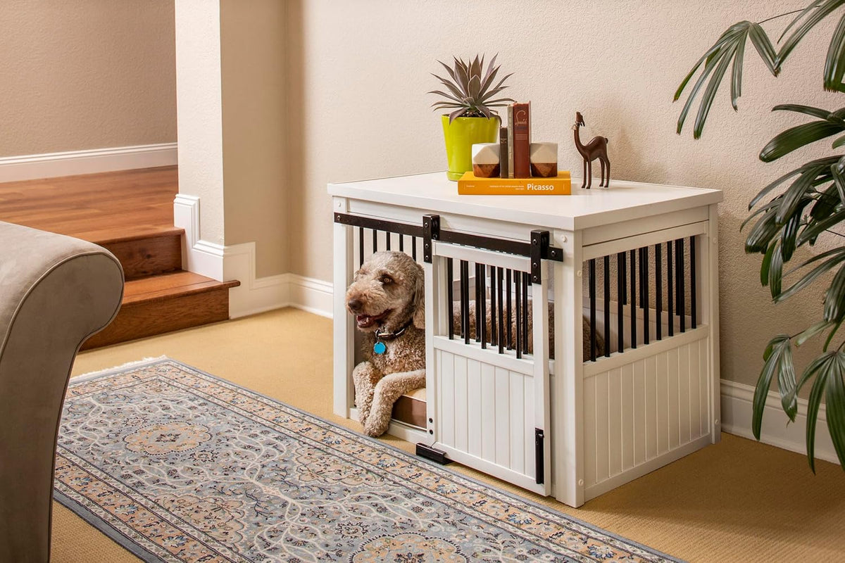 Farm sliding cowshed door furniture-style dog cage - antique white. large size. Unique style. durable and sturdy. Removable seat cushion. Easy to assemble.