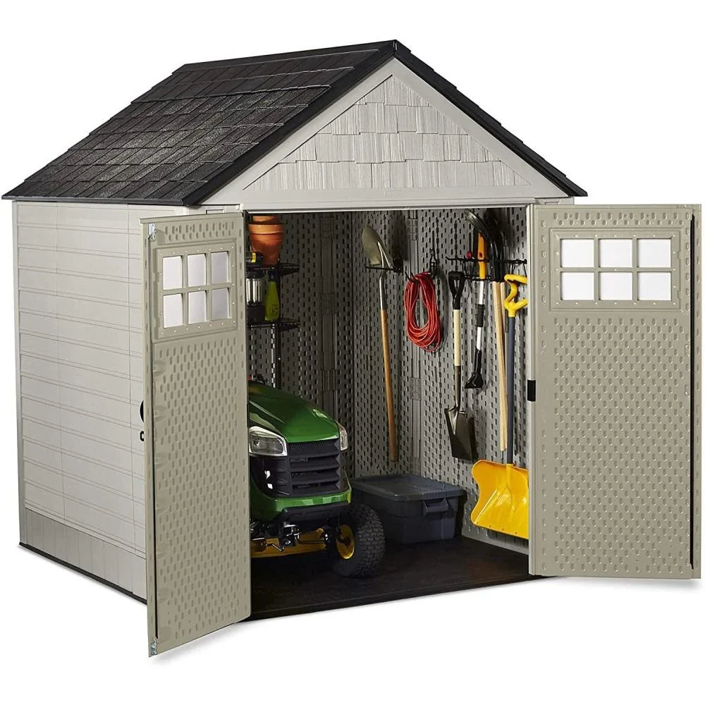 7 x 7-Ft. Resin Outdoor Garden Storage Shed with Windows and Utility Hooks. Sand