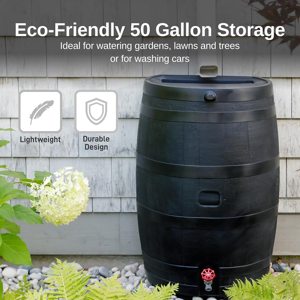 RTS Home Accents 50-Gallon ECO Rain Barrel Made with 100% Recycled Plastic. Flat Back Rain Water Collection Barrel. Black