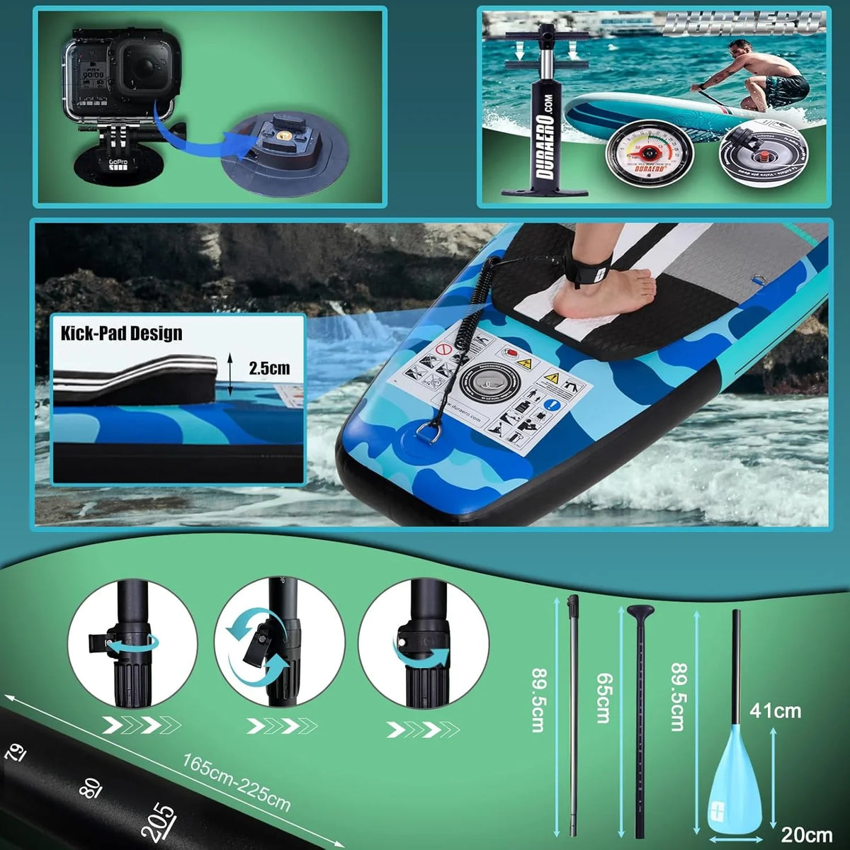 Inflatable Paddle Board with Kayak Seat. 330 x 76 x 15 cm. up to 150 kg. Integrated Pad. Detachable Fin. Double Adjustable Paddle. Repair Kit. Blue