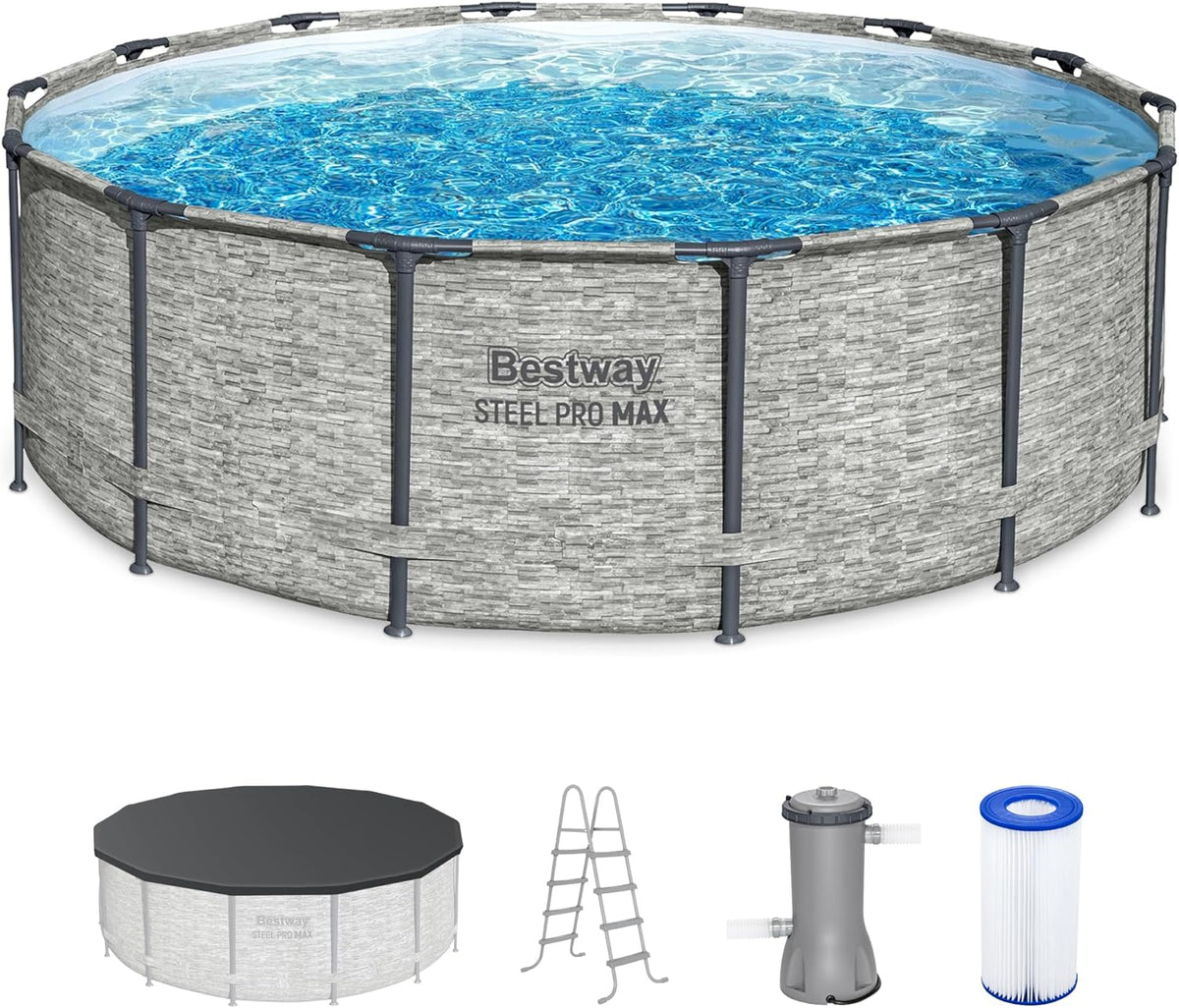 Above Ground Swimming Pool w/ Pump. Cover. & Ladder. 14' x 48. Steel Pro MAX. Gray - Backyard Outdoor Round Pool w/ Filter. 42-Inch Deep Water