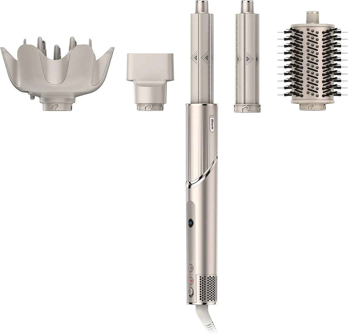 Powerful hair dryer and multi-functional styling tool. featuring automatic hair curler. paddle brush. oval brush. concentrator accessory and stones.