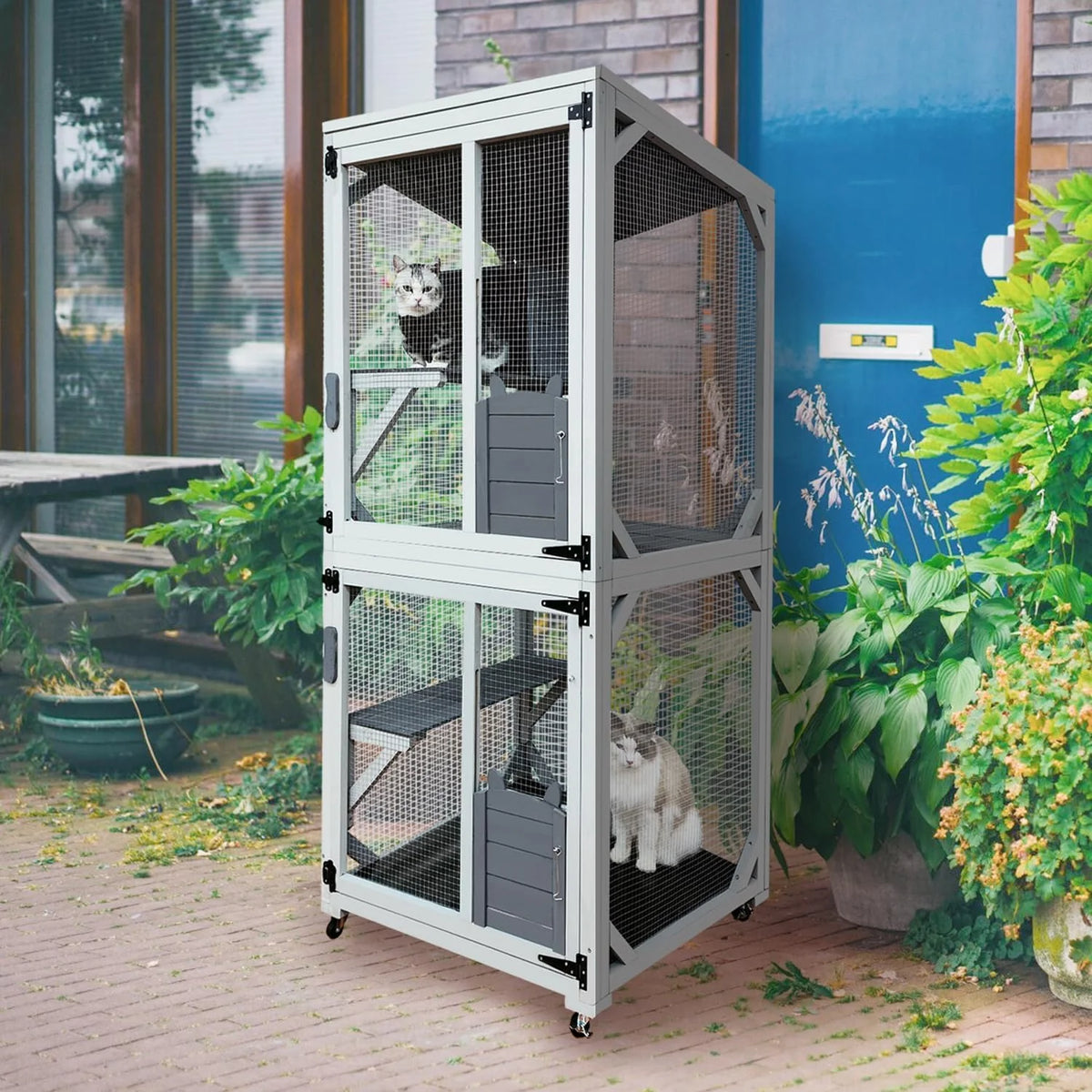 62.6-inch wooden outdoor cat house. large cat cage room. equipped with 7 platforms. 2 rest boxes and a rainproof roof. suitable for multiple pets to use. Step-in cat apartment shelter. white model