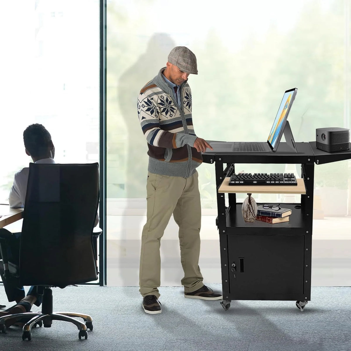 Upgraded AV Cart. Adjustable-Height Steel AV Cart with Locking Cabinet and Pullout Keyboard Tray. Rolling Media Cart with Wheels & Power for Computer Laptop Projector Printer (Black/43x18x43)