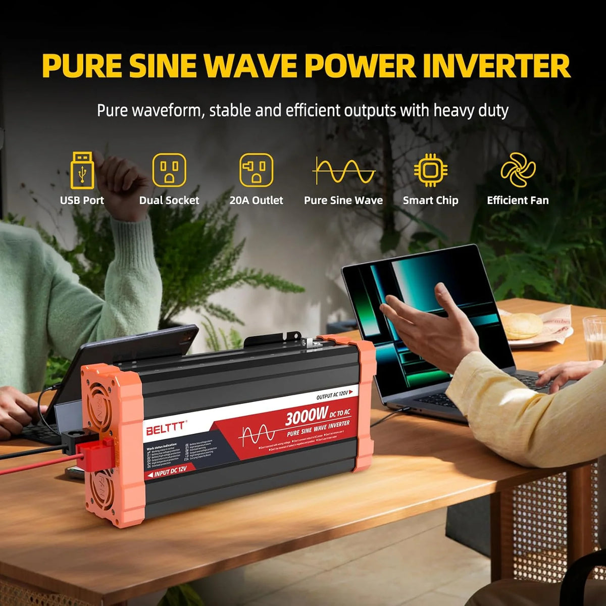 2000W Pure Sine Wave Inverter. Car Power Inverter 12V to 120V AC Converter for RV. Truck. Solar. Outdoor with Dual AC and 20A Socket. 5V 2.1A USB. Surge 4000W. Hardwire Port. Remote Controller