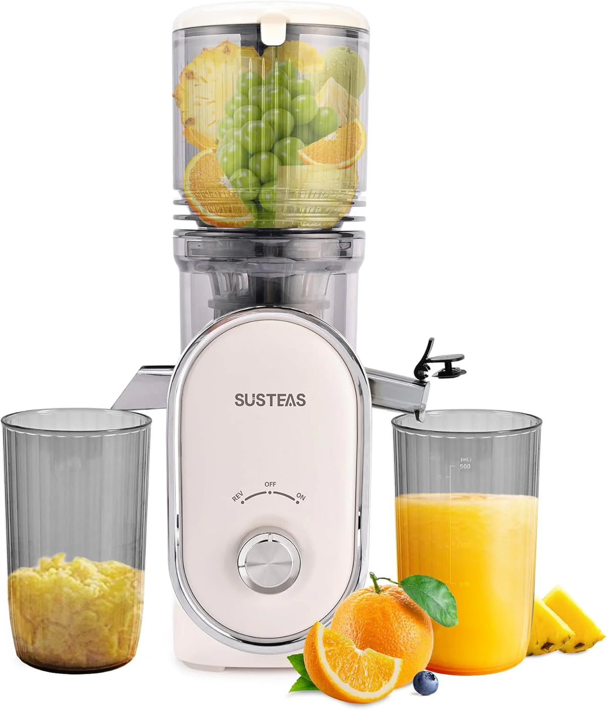 Cold press juicer. 5.3-inch feed opening. slow-speed mixing type machine. power 300 watts. capable of extracting whole fruits and vegetables. easy to clean. high juice output. white appearance