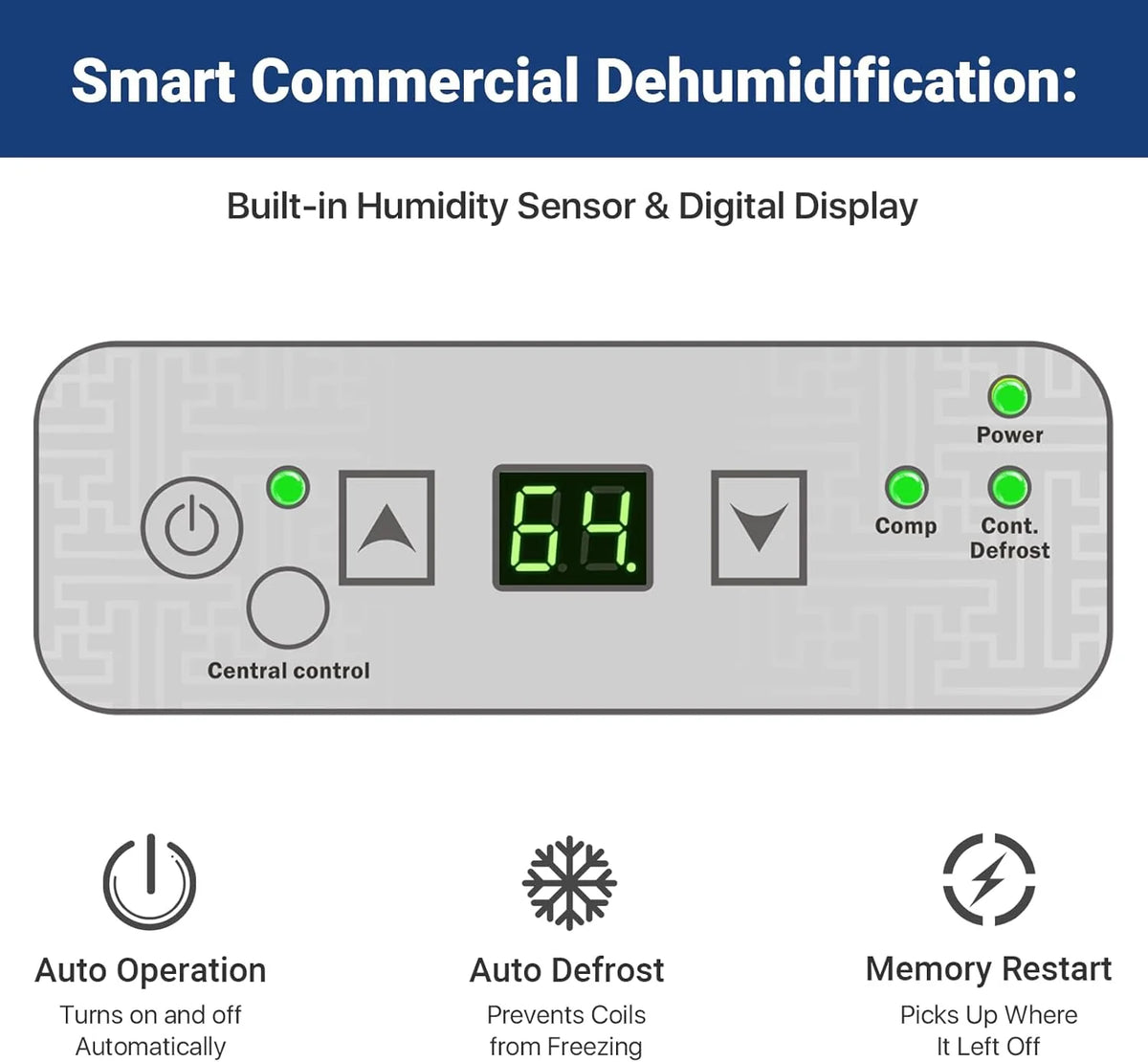 Galon dehumidifier. a drain-equipped basement dehumidifier for commercial. garage. and kitchen use. compact design. automatic defrosting. memory start function. suitable for 1200 square feet of space.
