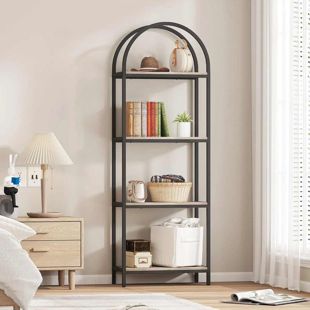 Yusong Bookshelf Rattan Arched Bookcase. 74 Tall Industrial Open Book Shelves for Living Room. Modern Freestanding Boho 5 Tier Display Storage Rack with Metal Frame. Office. Bedroom. Burlywood