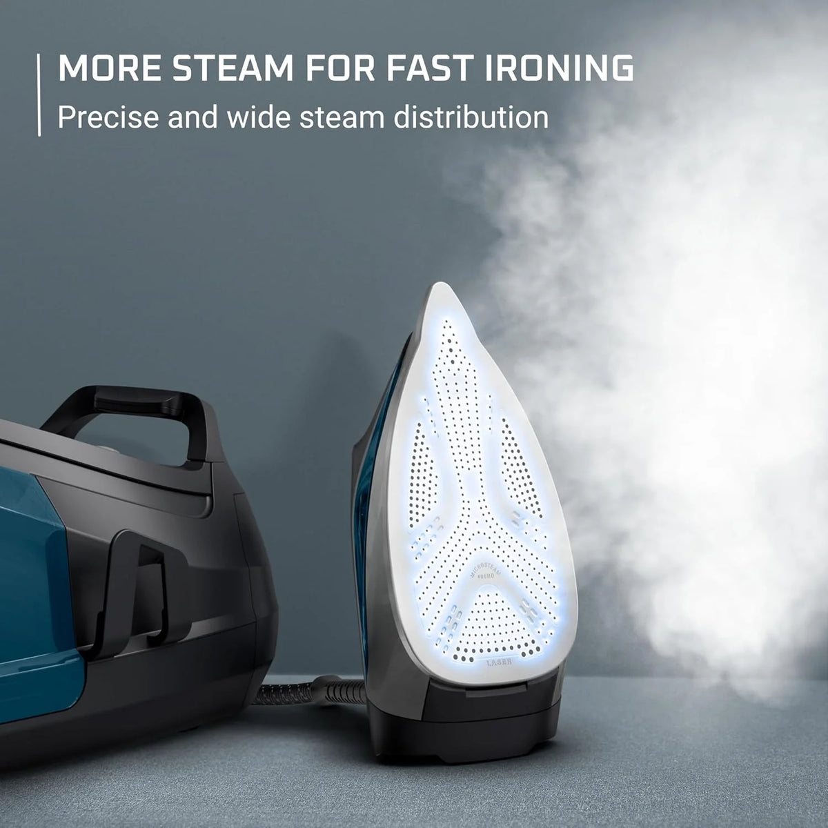 Professional steam laundry device with stainless steel base plate. 1.1-liter detachable water tank. quick heating. 1800-watt power. blue fabric steam iron