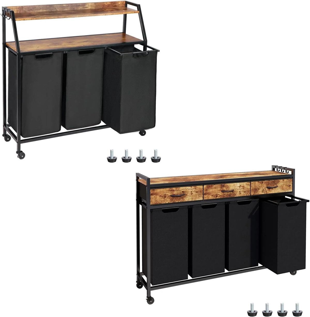 Two Laundry Hamper. Rolling Laundry Sorter with Wheels. 4 × 14.5 Gal (55 L). Pull-Out and Removable Laundry Bags. for Laundry Room. Rustic Brown