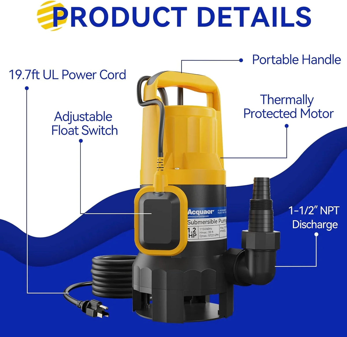 3/4HP Submersible Sewage Effluent Pump. Cast Iron. 115V 6400 GPH Automatic Tethered Float Switch. Sump Pump for Sump Basin. Basement. Residential Sewage. 2'' NPT Discharge