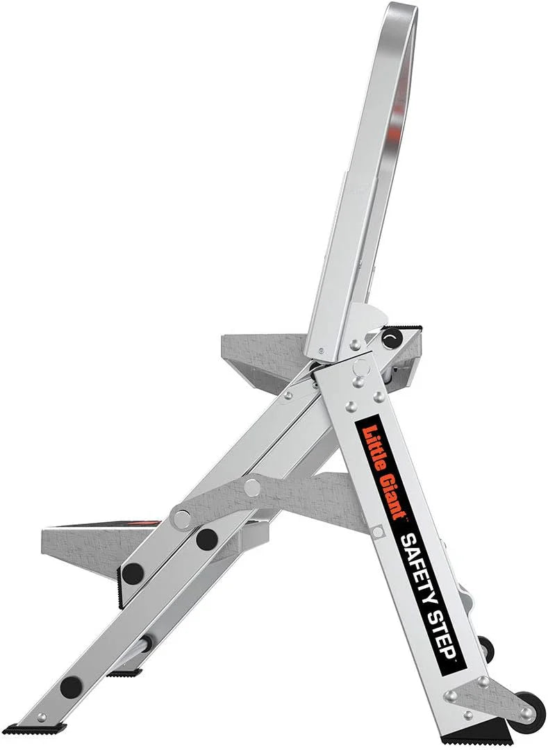 Little Giant Ladder. Safety Step. Three-step Design. 3 feet high. Footrest. Aluminum. Type 1A. Load Capacity 300 pounds