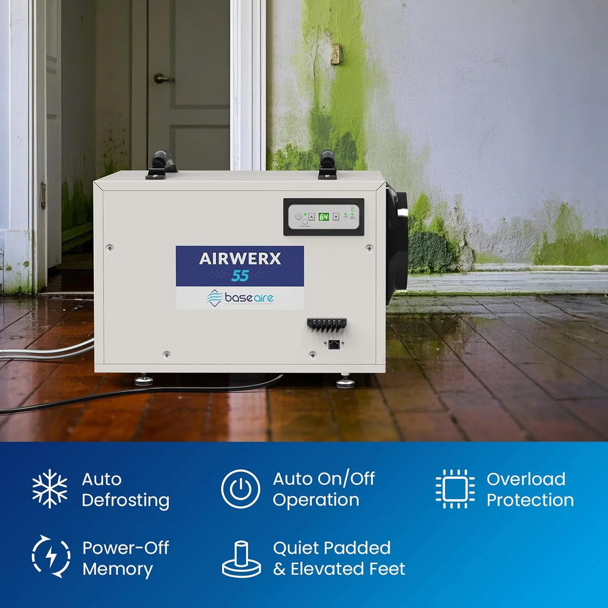 Galon dehumidifier. a drain-equipped basement dehumidifier for commercial. garage. and kitchen use. compact design. automatic defrosting. memory start function. suitable for 1200 square feet of space.