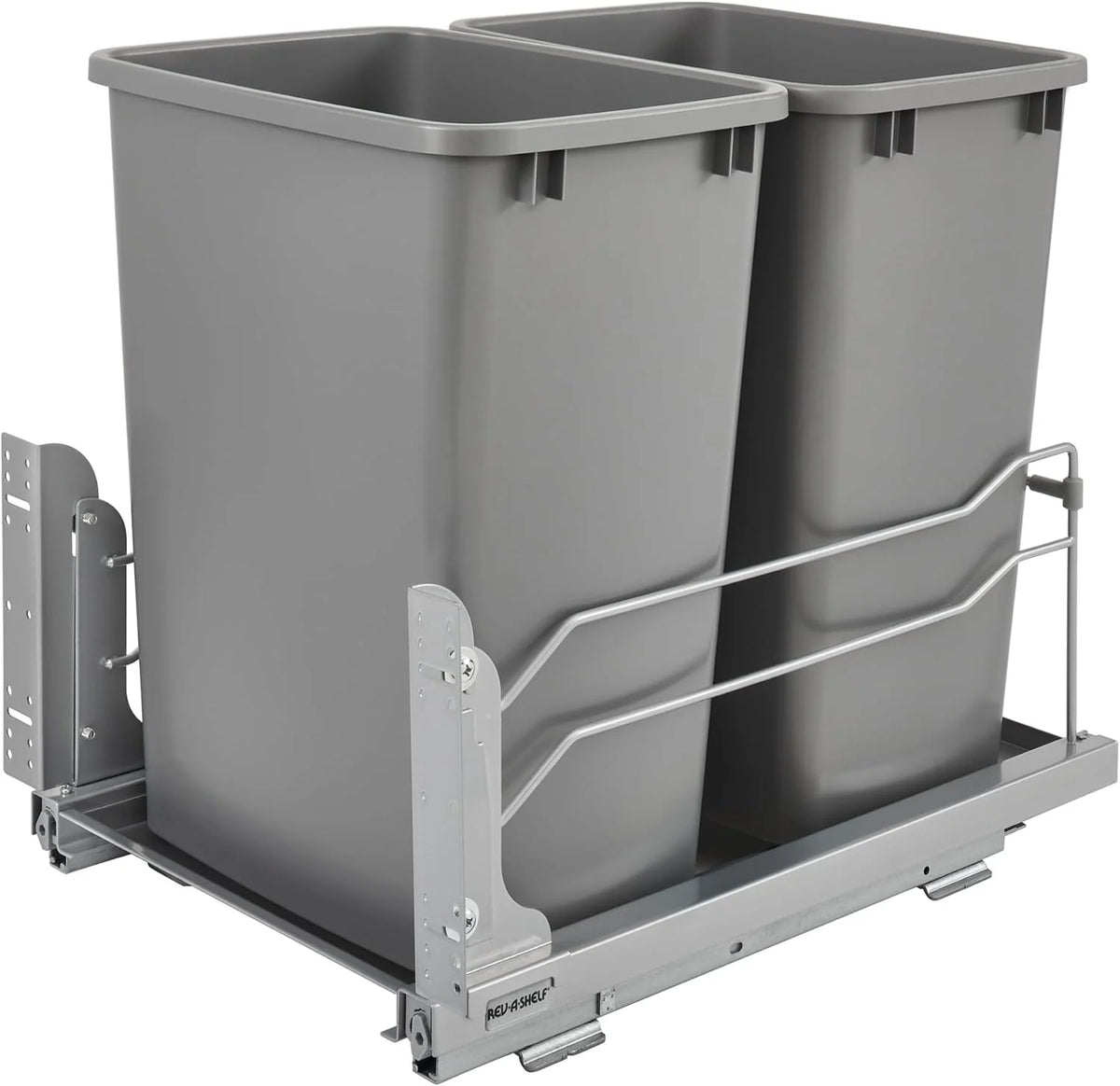 A double pull-out trash can suitable for the bottom of kitchen cabinets. with a capacity of 35 ounces (approximately 0.875 gallons). equipped with a gentle closing sliding mechanism. and in the color of Orison Gray.