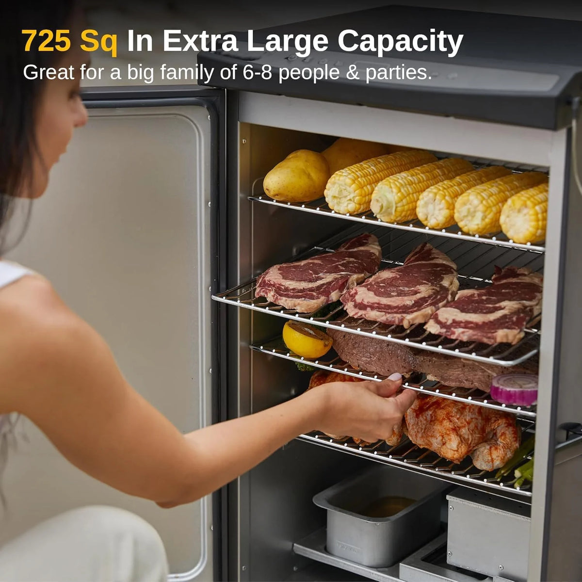 30 Electric Smoker. Outdoor Smoker with Glass Door & Meat Thermometer. 725 Sq Inch Large Capacity. 4 Detachable Racks for Backyard BBQ. Party. Outdoor Cooking Night Blue
