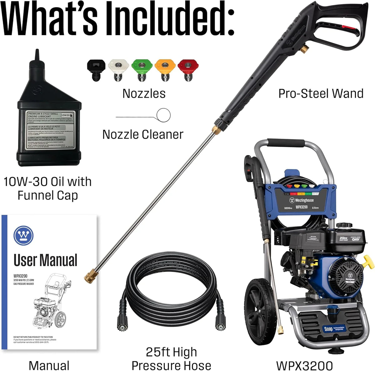 WPX3400 Gas Pressure Washer. 3400 PSI and 2.6 Max GPM. Onboard Soap Tank. Spray Gun and Wand. 5 Nozzle Set. for Cars/Fences/Driveways/Homes/Patios/Furniture