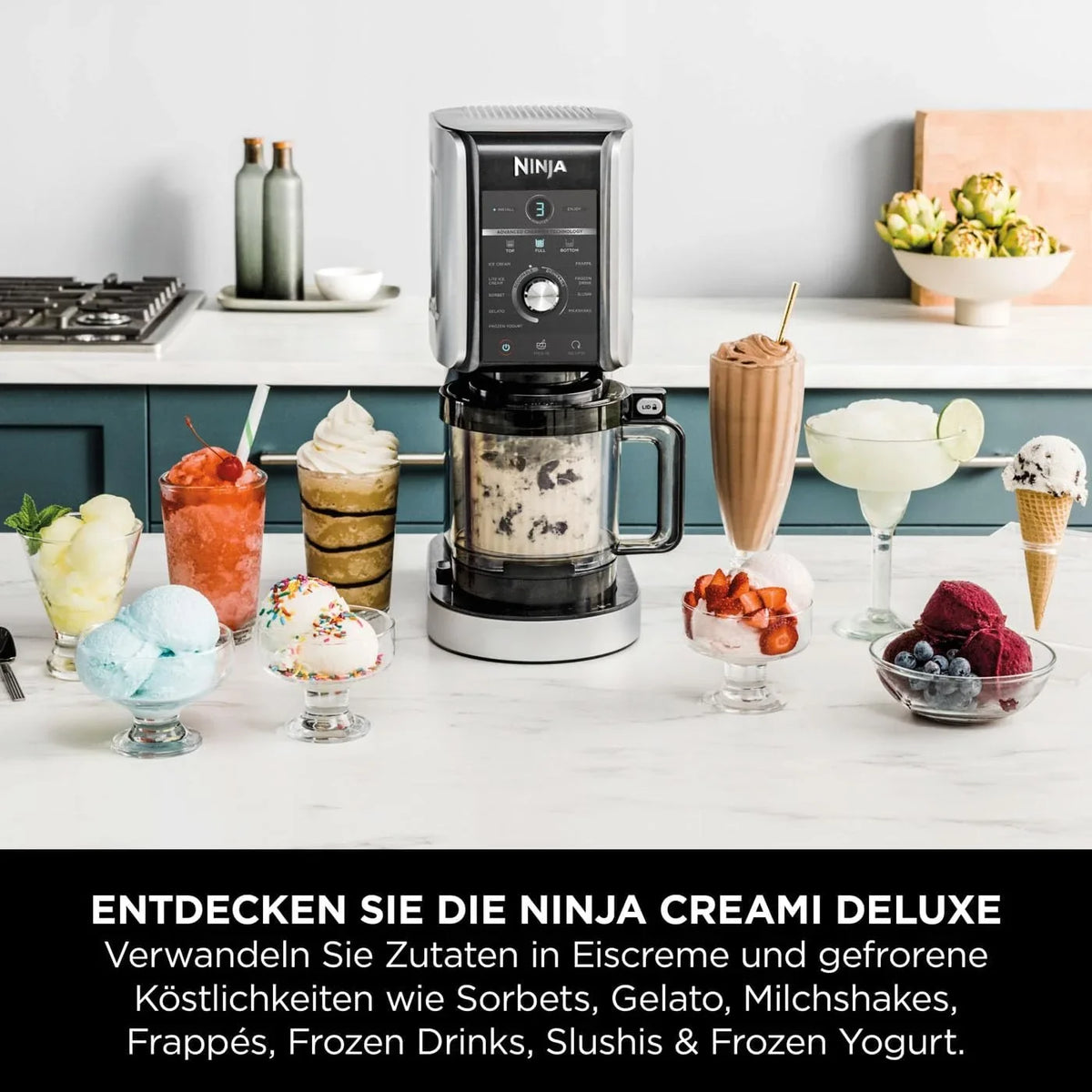 Ninja CREAMi Deluxe Eis-und Eisgetränkmaschine mit 2 Bechern. 10 Funktionen. macht Eiscreme. Gelato. Sorbet. Frozen Yoghurt. Milchshakes. Slushi &