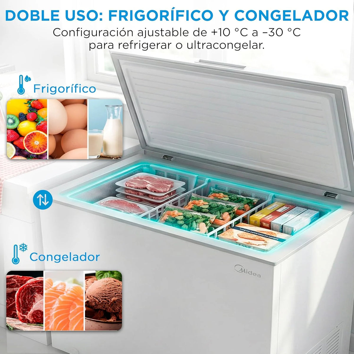 MIDEA Arcon Congelador Pequeño de 293L | Congelador Horizontal Convertible a Frigorífico con Motor Inverter. Control Electrónico de Temperatura.