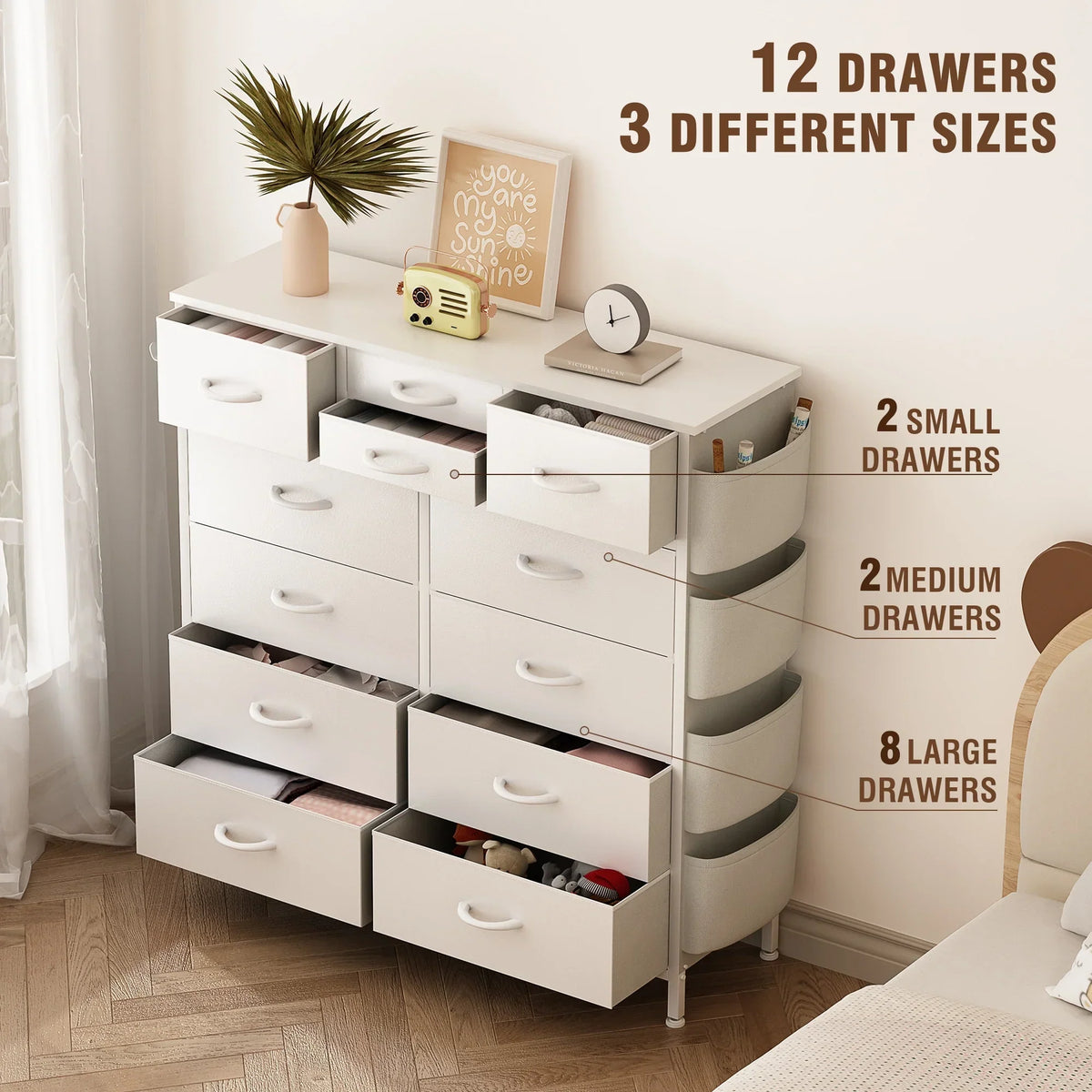 12 Drawer Fabric Dresser. Tall Bedroom Chest of Drawers with Storage