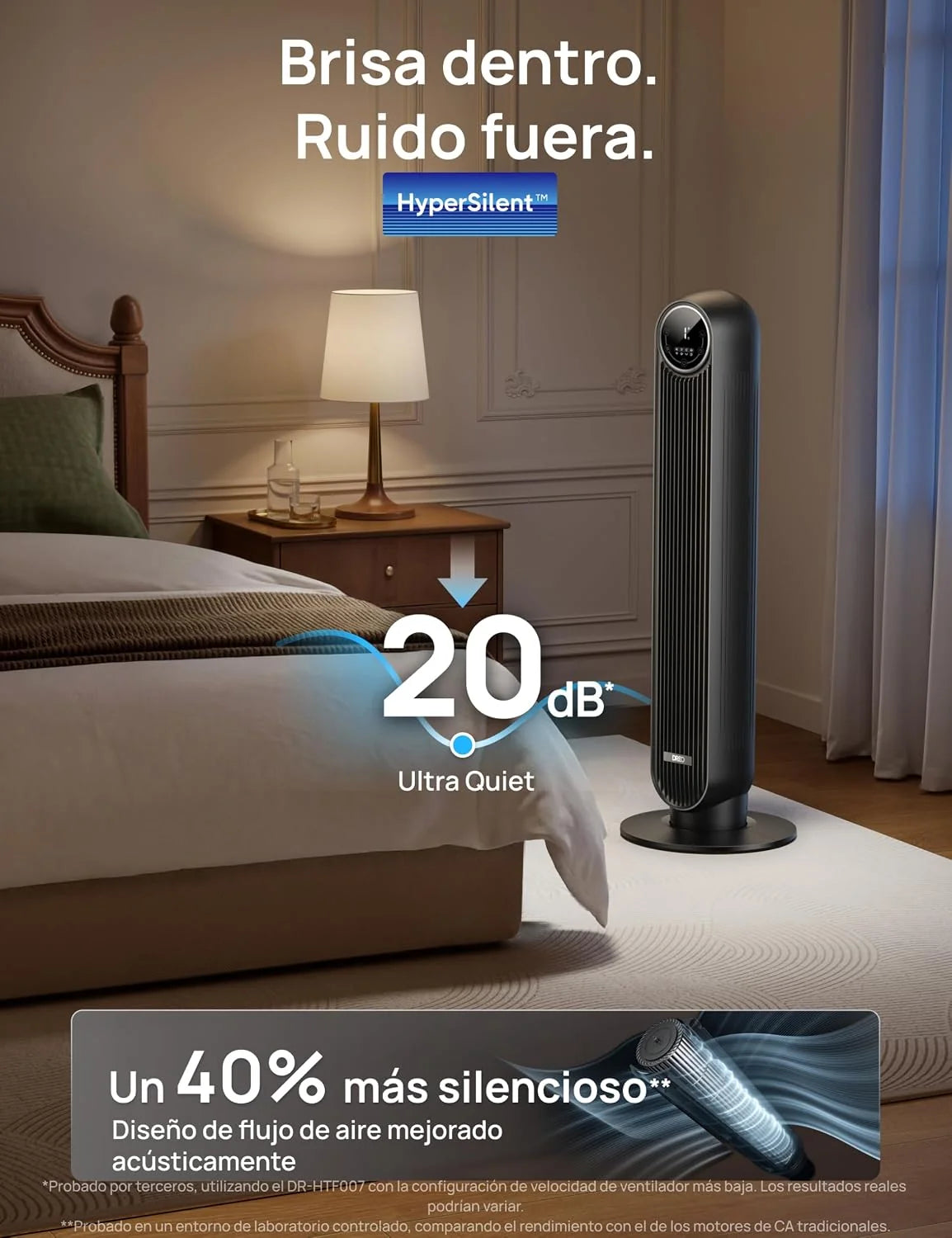 Dreo 20dB Ventilador de Pie Silencioso. Ventiladores de Torre con Velocidad de 7.6 m/s. 4 Velocidades. Rotación de 90°. Temporizador de 8 Horas.