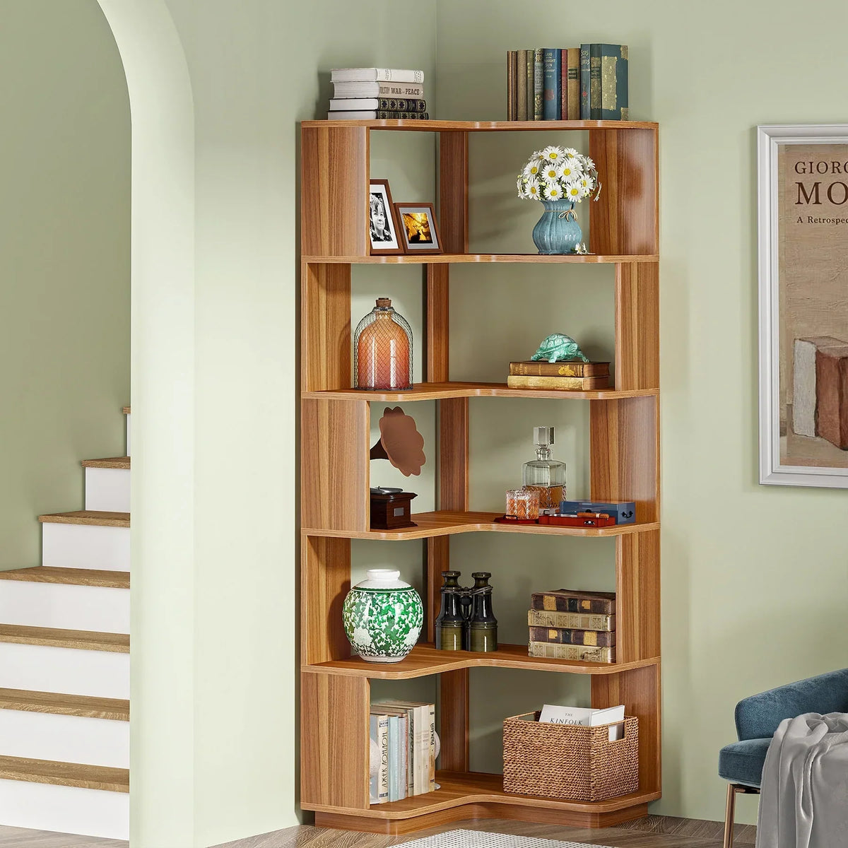 64.9 Inch Tall 6-Tier Corner Bookshelf. Freestanding Wood Industrial Bookcase