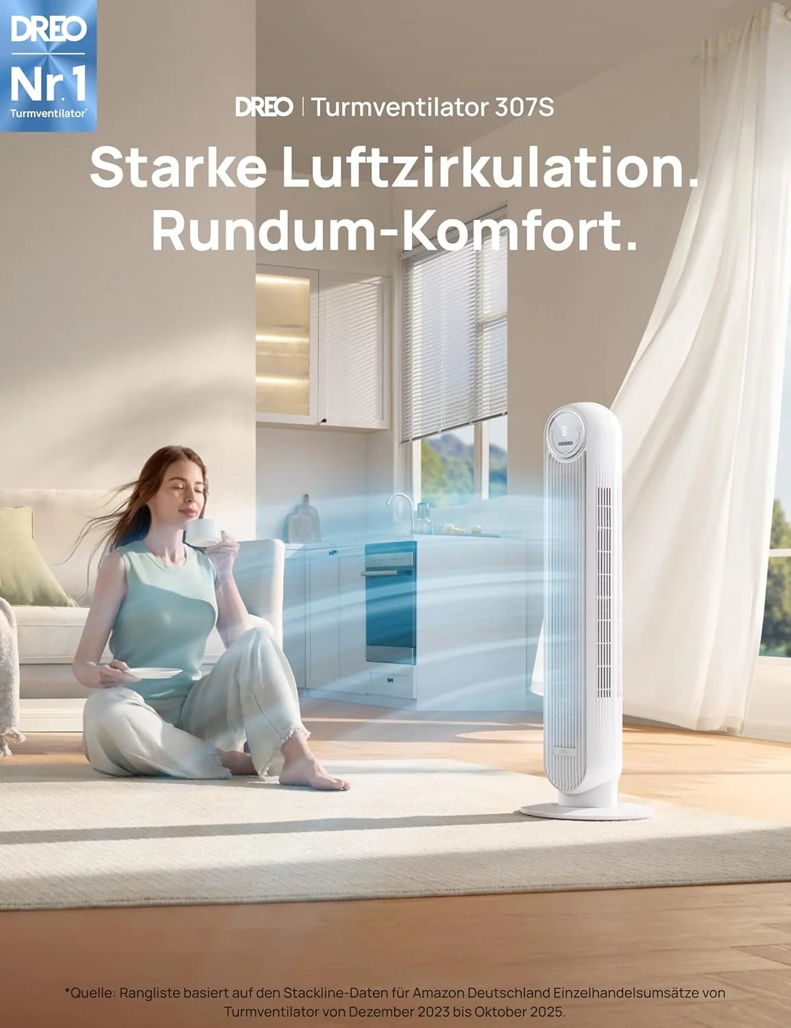 Dreo Smart 20dB Leiser Turmventilator. 10 m Wurfweite 4 Geschwindigstufen 4 Modi 8 Std. Timer 90° oszillierende Ventilator mit Kühlung WLAN &