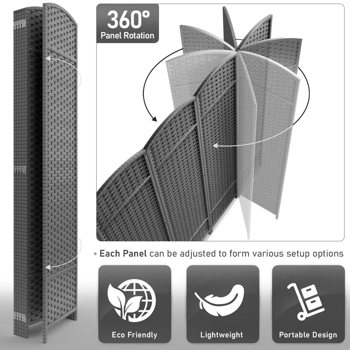 6 Panel Room Divider. 6ft Tall Extra Wide Folding Privacy Screen with Hand-Woven Mesh Panels