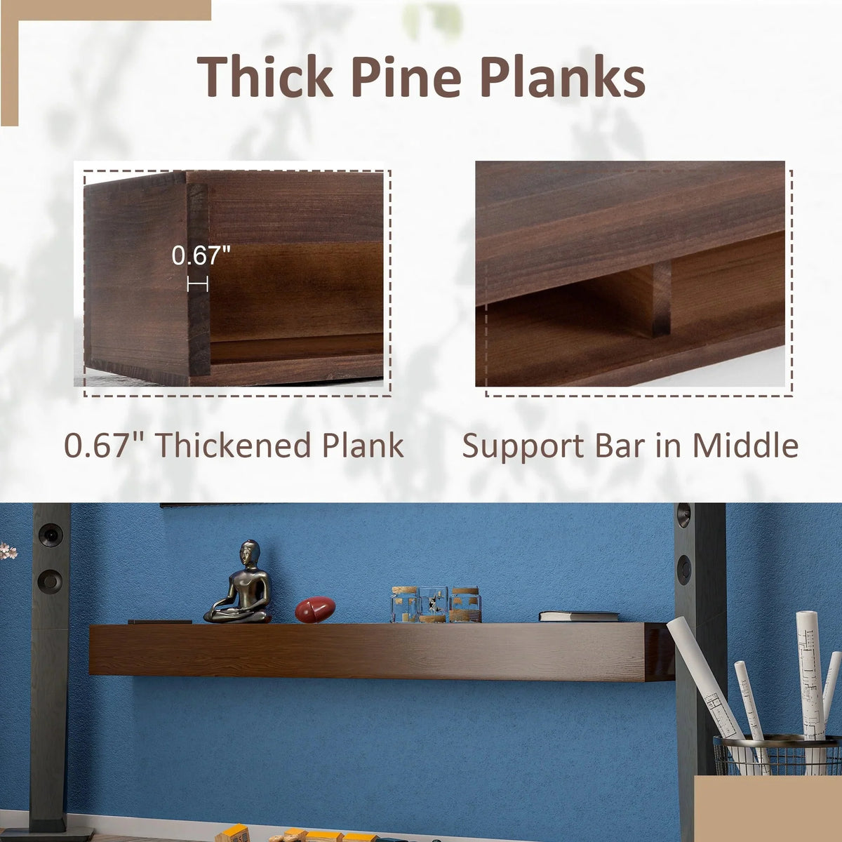 72 Inch Solid Pine Fireplace Mantel. Wall Mounted Floating Shelf in Brown