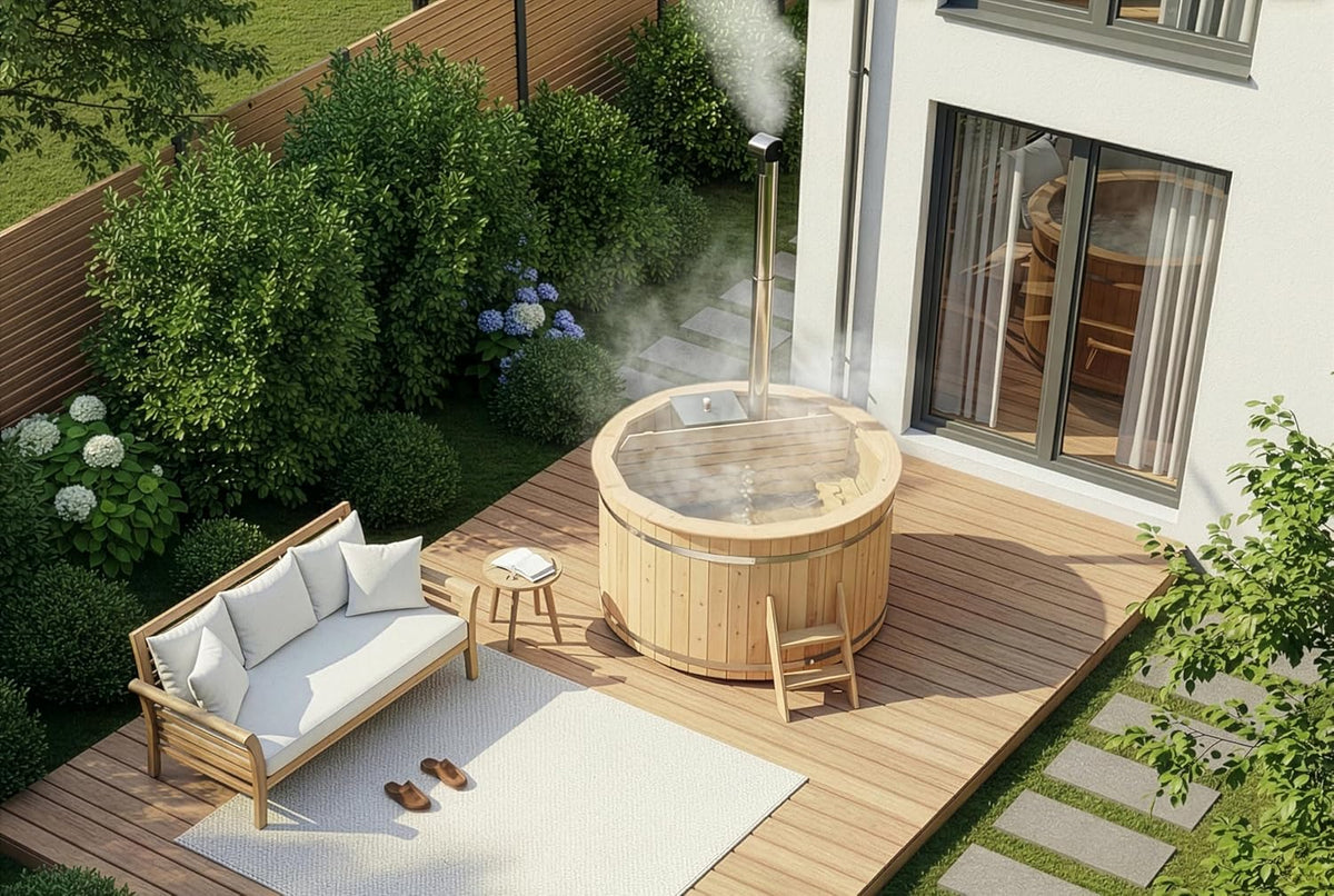 Holz Badefass Bergen. Hot Tub Ø 160 x 110 cm. inkl. Edelstahl-Ofen 22 kW und Einstiegsleiter. 3-4 Personen. Schwimmbecken. Badebottich. Sprudelbad
