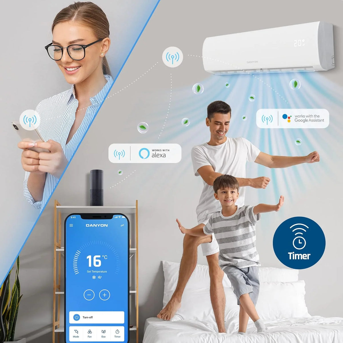 Danyon Klimaanlage Split - 12000 BTU - 3.4 kW. Selbstreinigung. leise. Smart Home. Inverter Klimagerät mit Heizfunktion. Splitgerät vorgefüllt mit R32