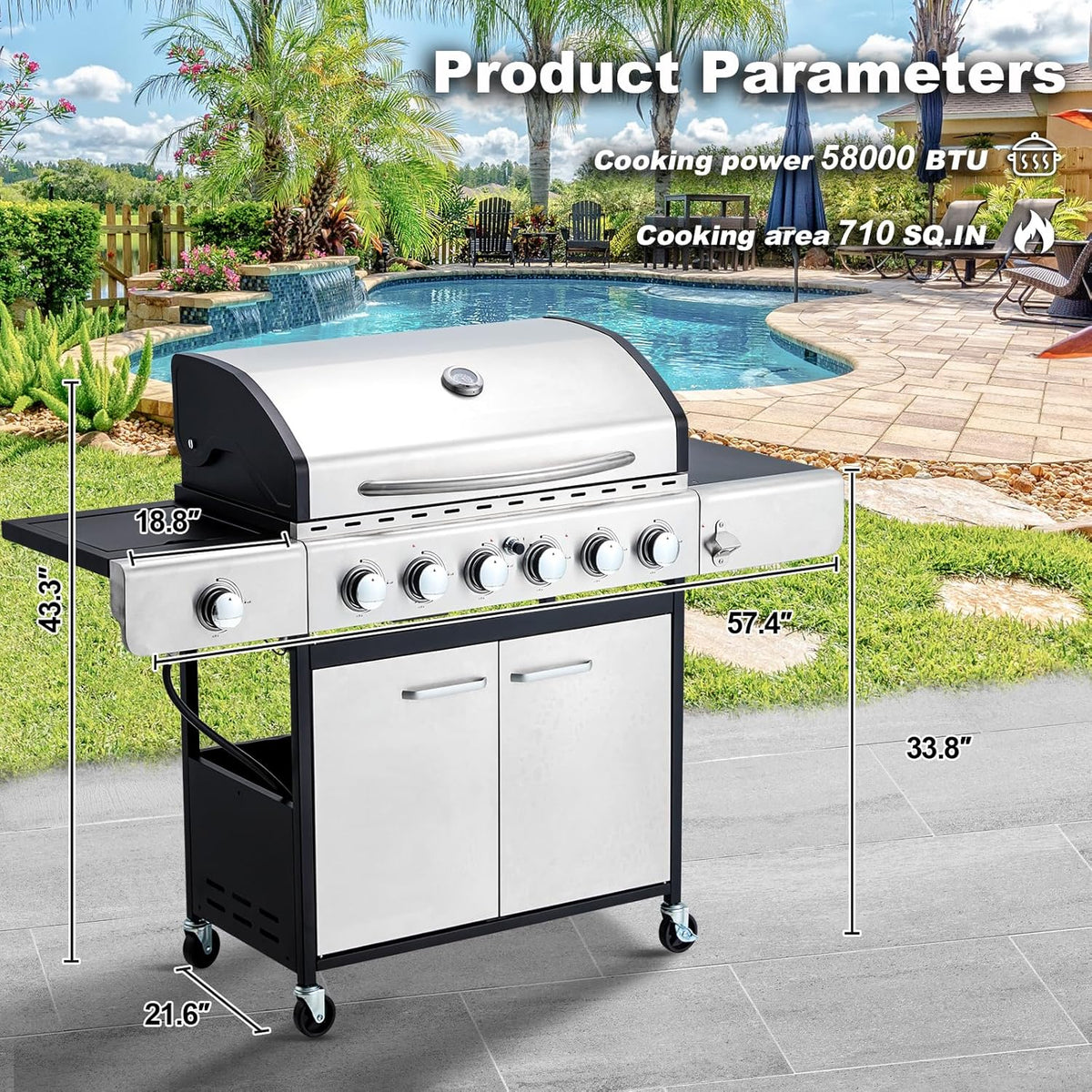 4-Burner Propane Gas Grill with Cast Iron Grates. Side Stove and 44.000 BTU Stainless Steel Burners