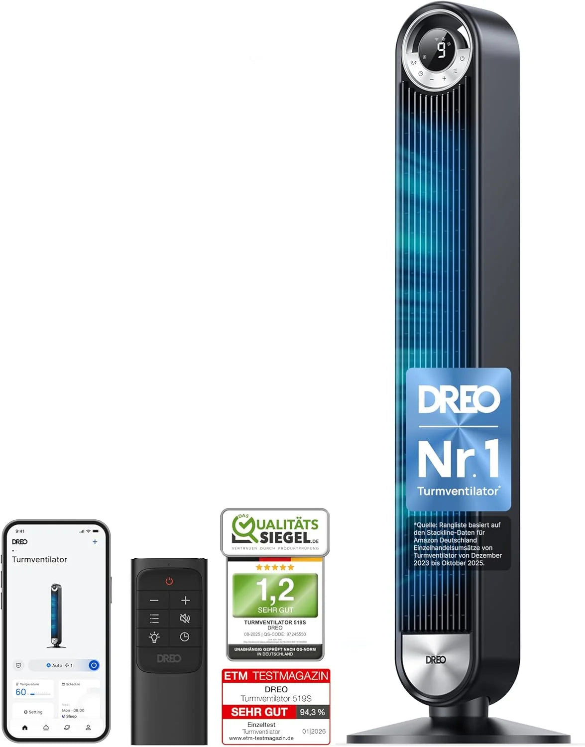 DREO 25 dB Leiser Smart Turmventilator. 106cm Höhe 4 Modi 9-Geschwindigkeit Max 7.9m/s 12H Timer 90° Oszillierender Ventilator mit Fernbedienung