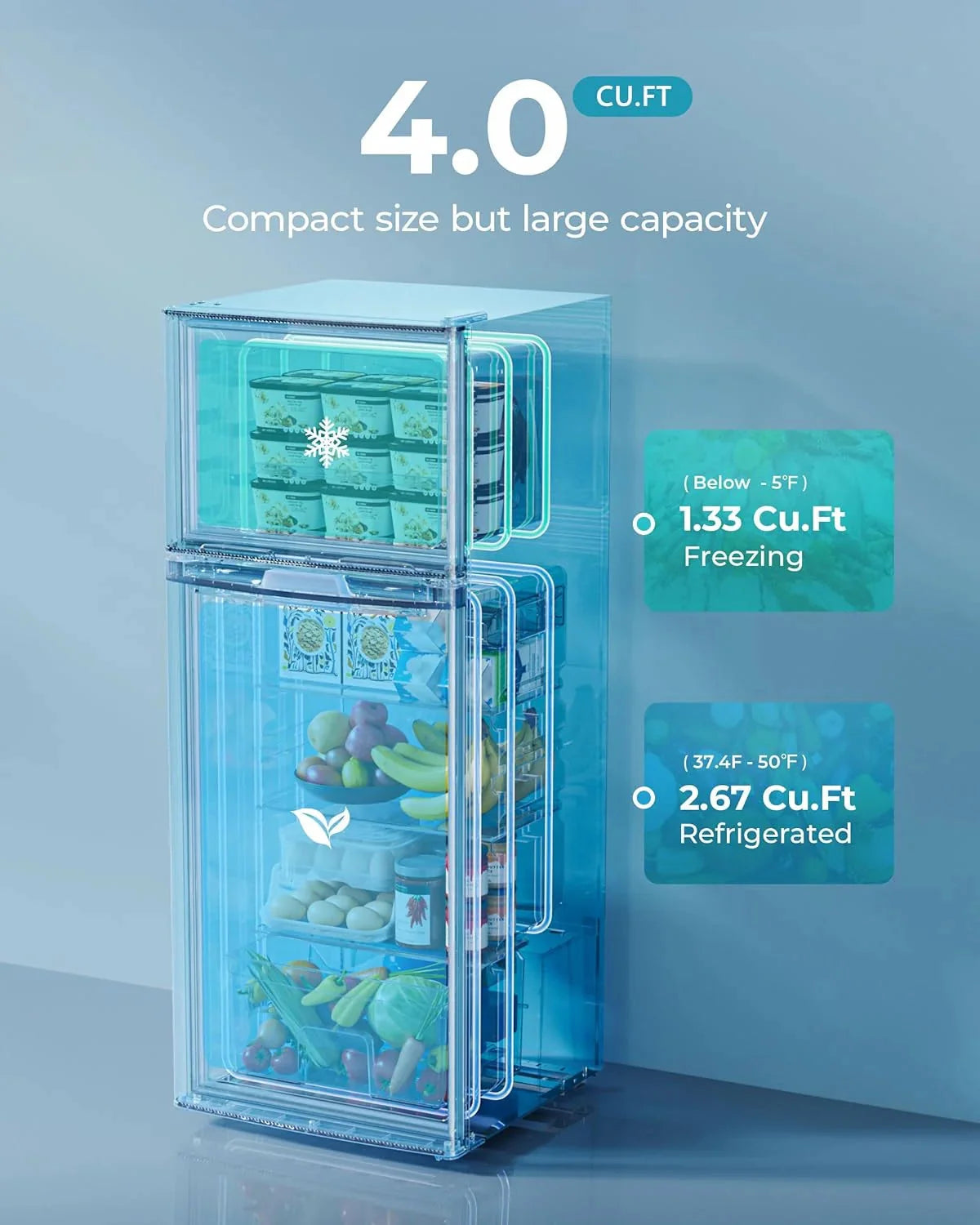 3.2 Cu. Ft. 2-Door Mini Fridge with Freezer. Compact Refrigerator. Silver