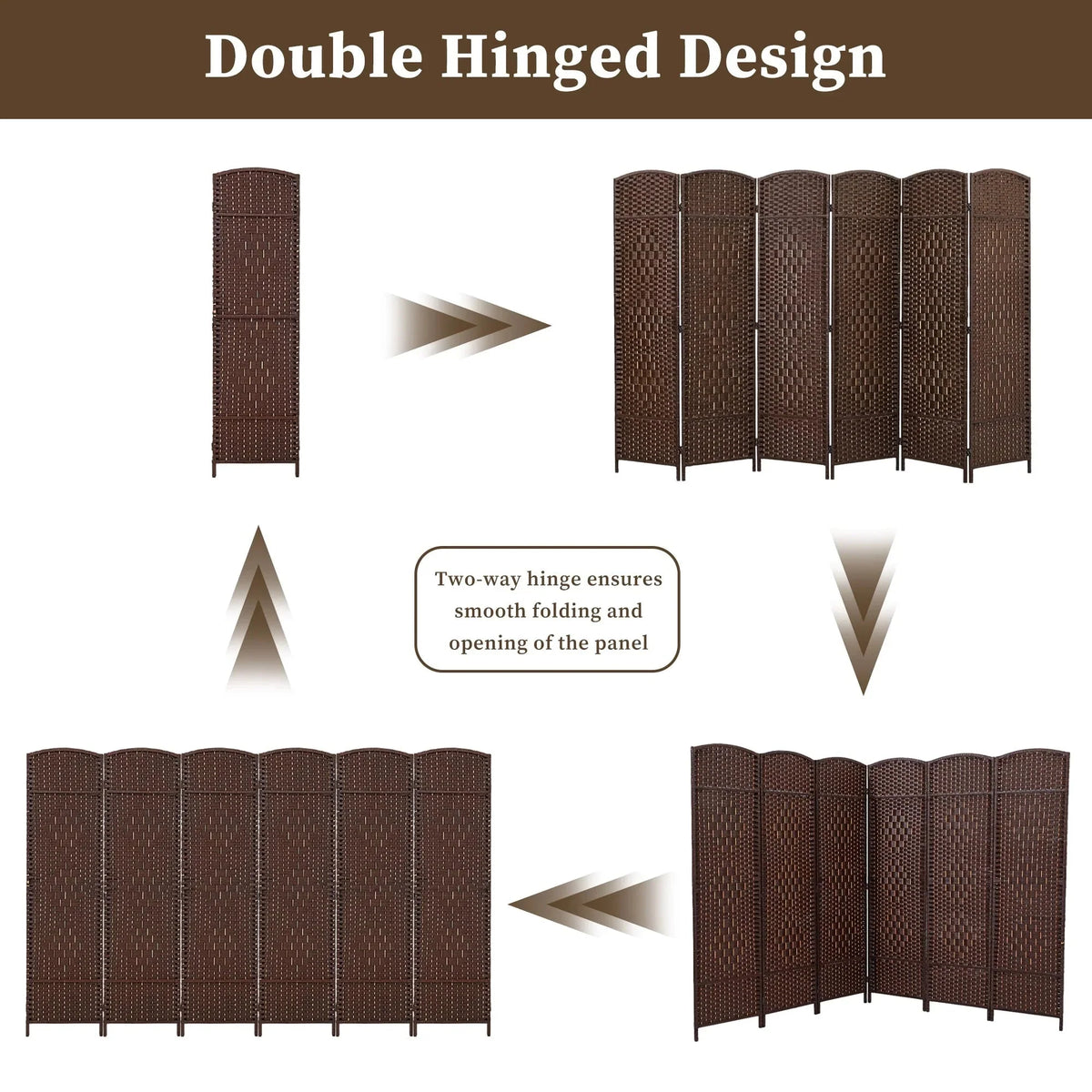 6 FT Tall Woven Fiber Room Divider. Freestanding Folding Privacy Screen