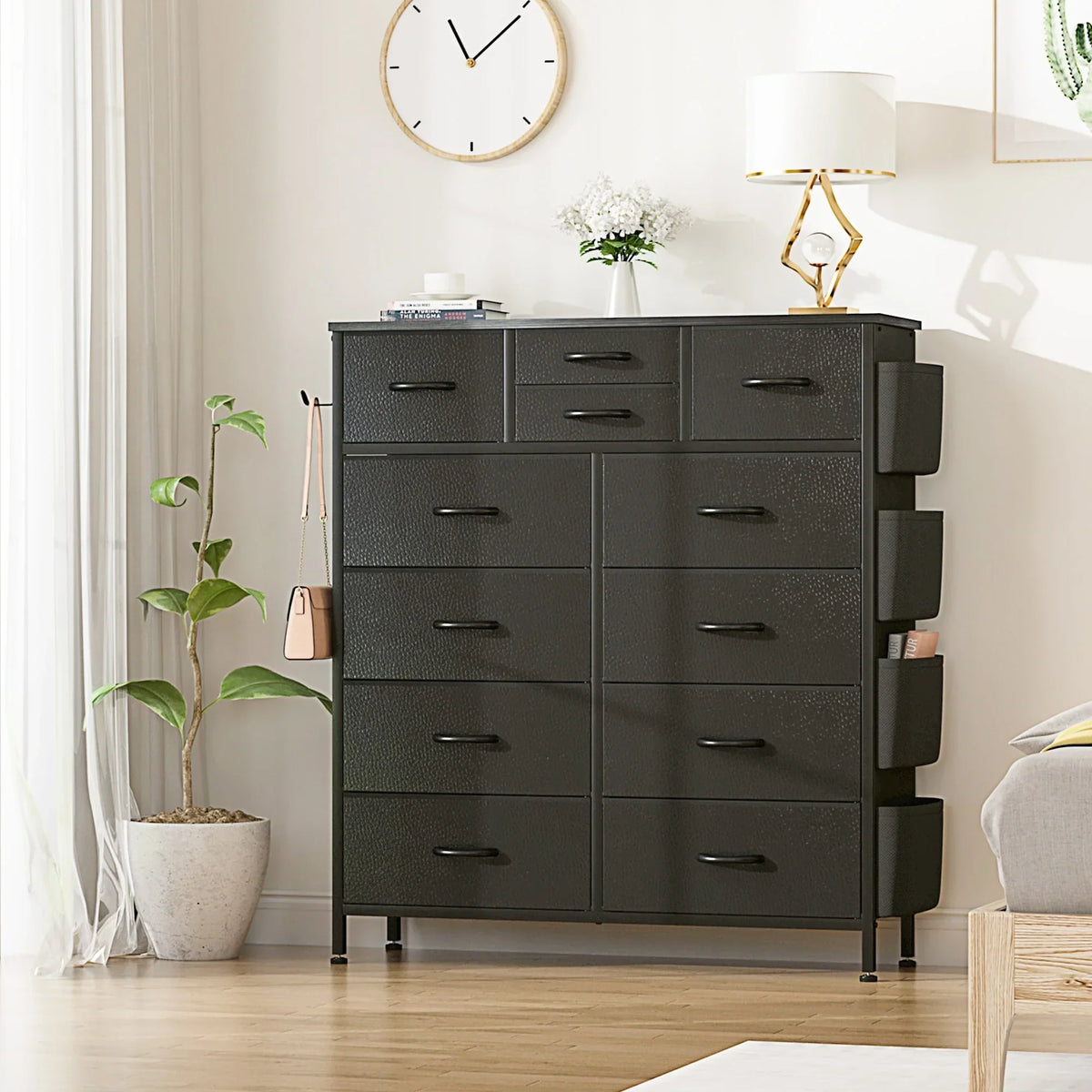 12 Drawer Fabric Dresser. Tall Bedroom Chest of Drawers with Storage