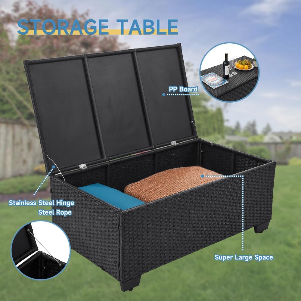 6 Pieces Outdoor Patio Furniture Sets with Furniture Cover. PE Rattan Wicker Patio Conversation Set with Tea Table (Peacock Blue. Rattan Storage Table)