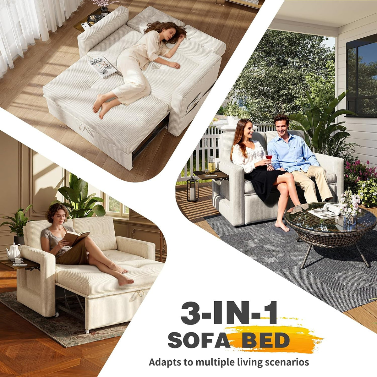 YOUDENOVA Sofá Cama 3 en 1. Sillón Cama multifunción. Sofá reclinable con Respaldo Regulable en 5 Posiciones. Sofá Cama para 2 Personas con Mesa y