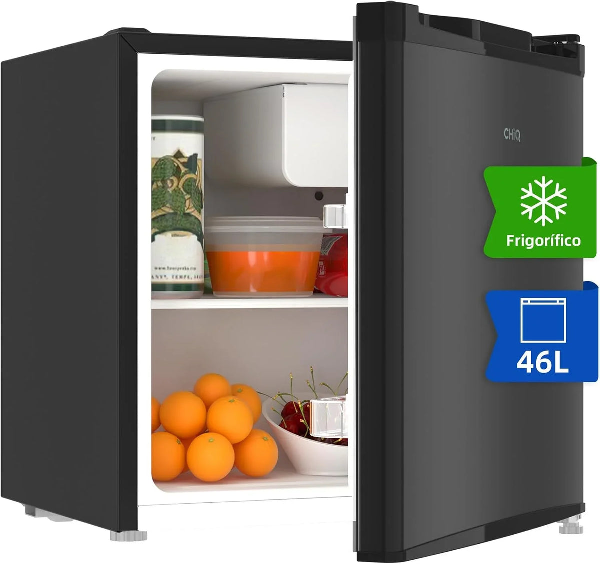 CHIQ Frigorífico Minibar capacidad 46L. Compresor incorporada. Botellero y Compartimiento Congelador. Control de Temperatura regulable. Bajo Nivel de