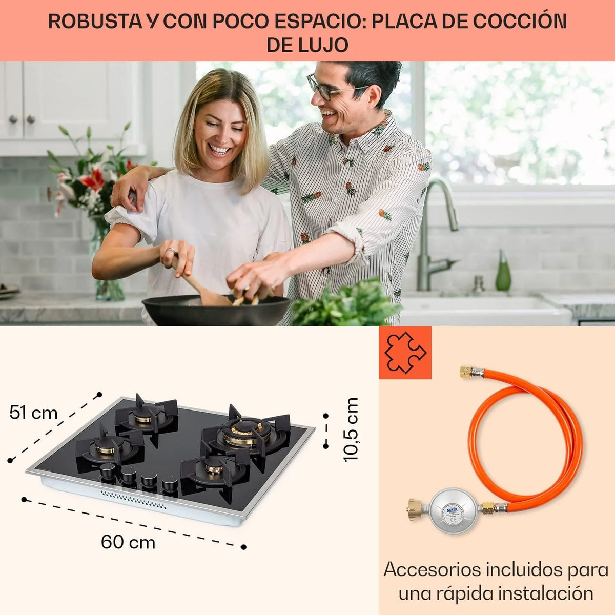 Klarstein Cocina de Gas Butano. Placa de Gas 4 Fuegos 8000W. Placa Vitroceramica Gas Integrada para Cocina. Placa Gas Butano de Diseño. Encimera Gas