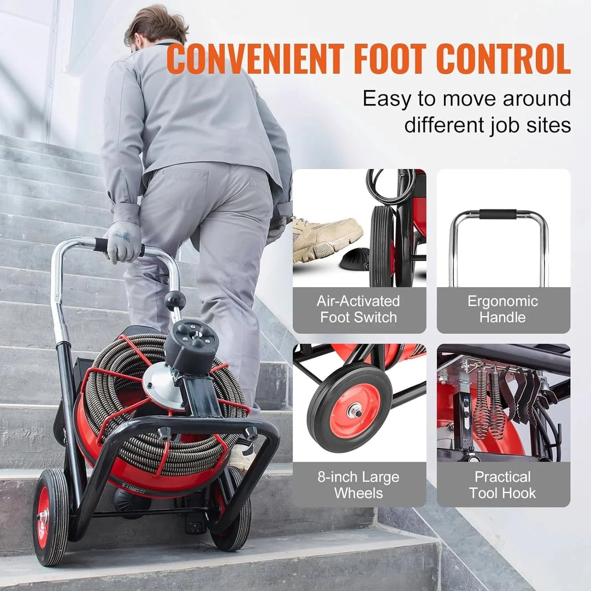 550W Drain Cleaning Machine. 100-Ft. x 1/2-Inch Sewer Snake Auger with 8 Cutters. Wheels and Foot Switch. for 2-4-Inch Pipes