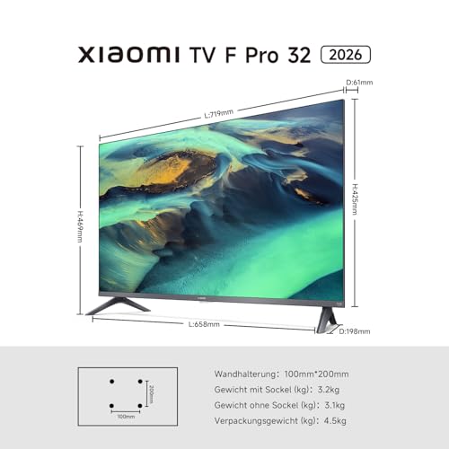 Xiaomi TV F Pro 32. 32 Zoll (81 cm). QLED. Smart TV. Fire OS7. Triple Tuner DVB-C/S/S2/T/T2.Dolby Audio . DTS Virtual:X. DTS-HD. Sprachsteuerung mit