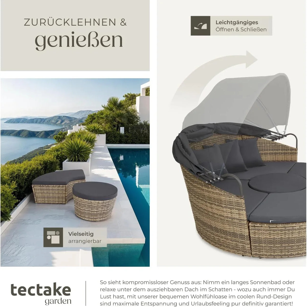 tectake Lounge Muschel Sonneninsel Outdoor wetterfest. Gartenmuschel. Sonnenliege 2 Personen und mehr. multifunktionales Terrasse oder Balkon Möbel.