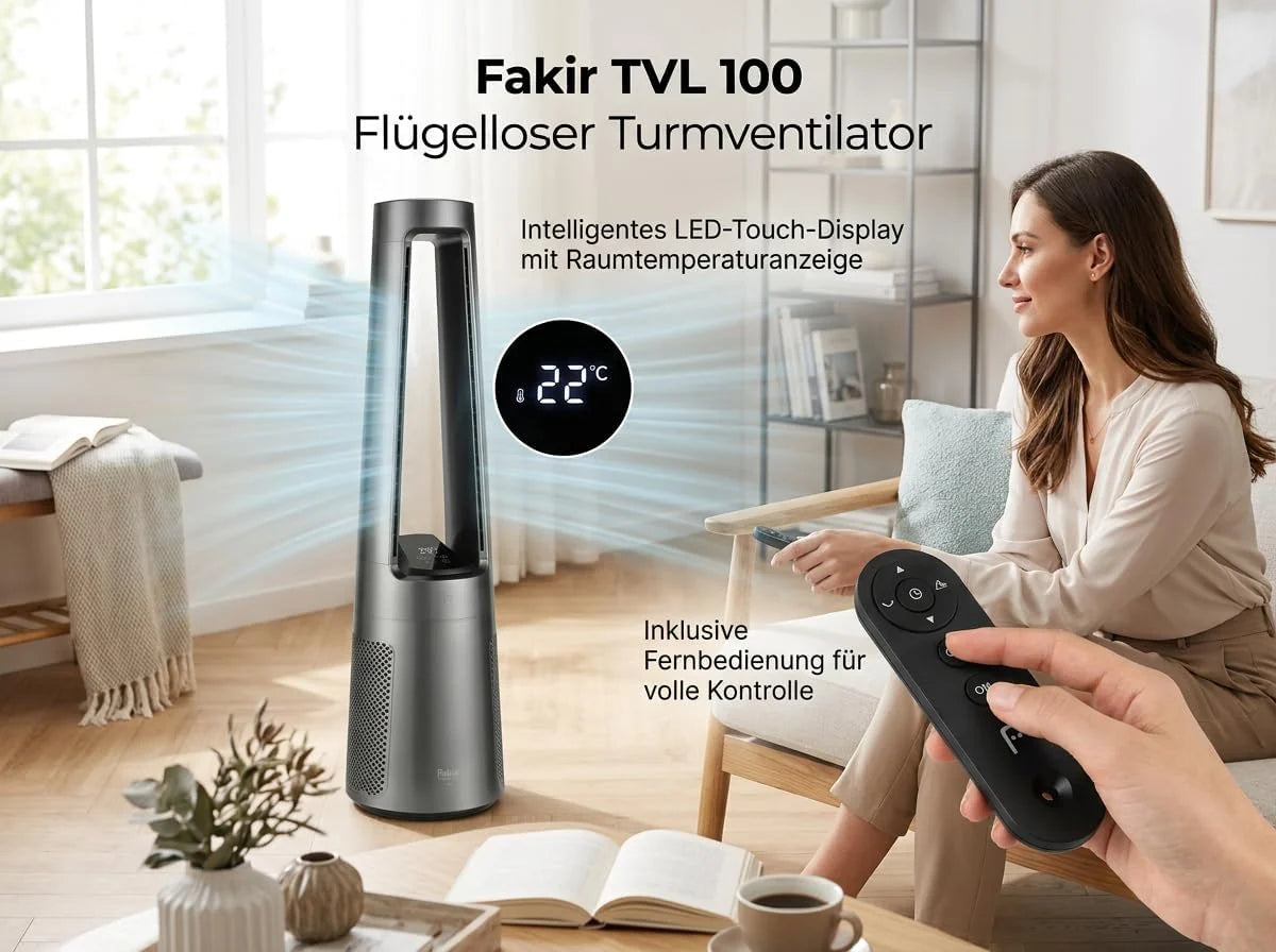 Fakir TVL 100 Flügelloser Turmventilator - DC-Motor. 12 Lüfterstufen. 30 dB(A). 60° Oszillation. 12h Timer. LED Touch Display. Fernbedienung.