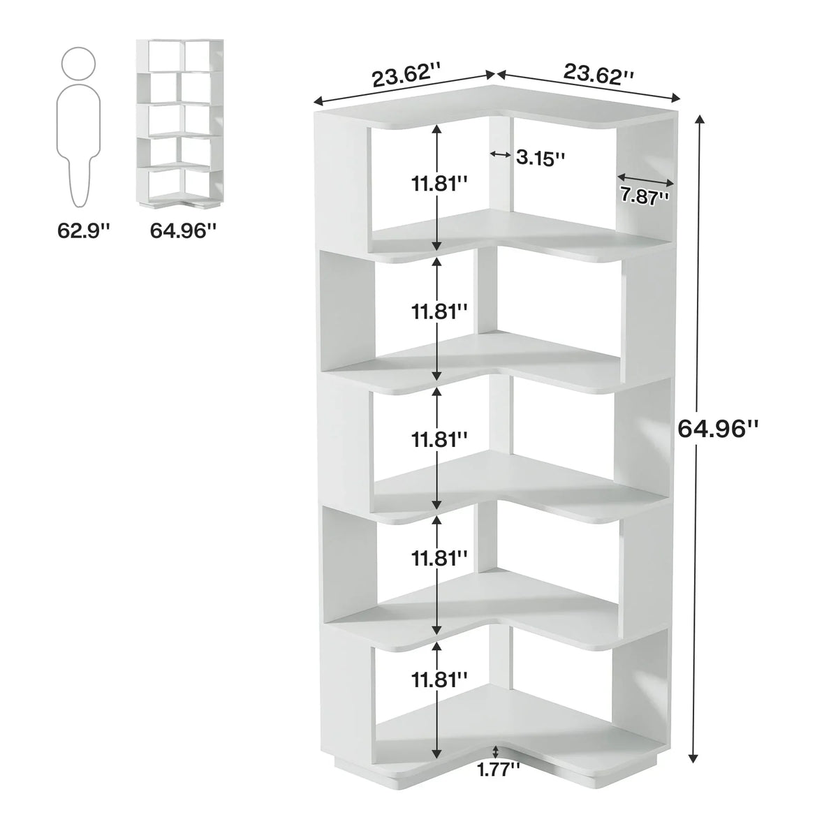 64.9 Inch Tall 6-Tier Corner Bookshelf. Freestanding Wood Industrial Bookcase